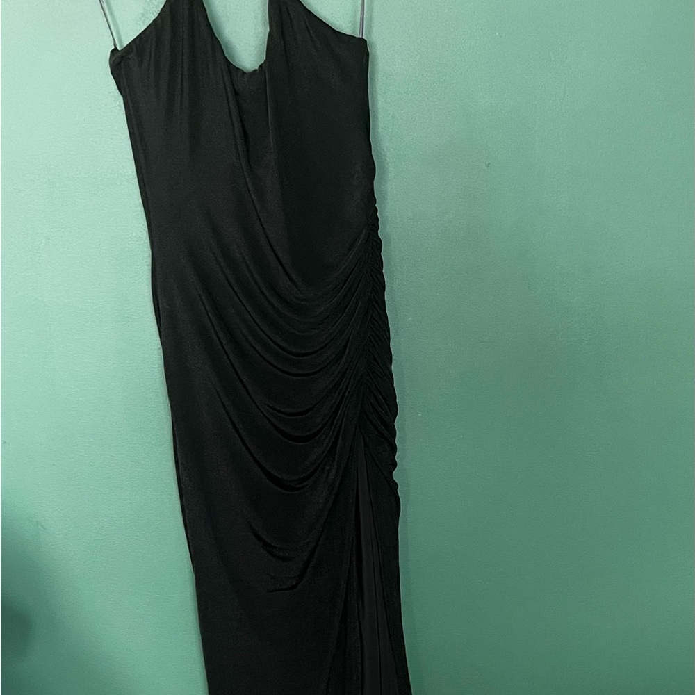 Meshki Black Ruched Maxi Dress with Halter Straps – Size Small